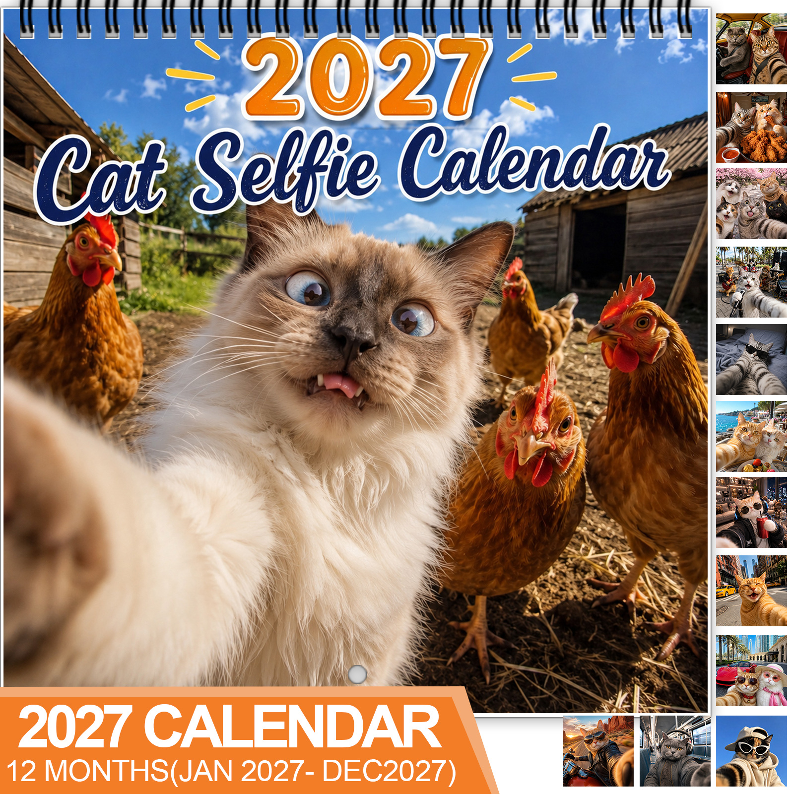 TEMU 1pc 2027 Cat & Chickens Wall Calendar - Spiral-bound 12-month Thick Coated Paper Suitable For Cat Lovers, Farm Animal Diary With Sunny Photos,