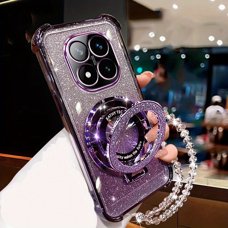 TEMU Phone Case: Note 14 Note14 5g 4g Glitter Crystal Holder Case For Xiaomi Redmi Note 14 Pro Plus Shockproof Bracket Cover