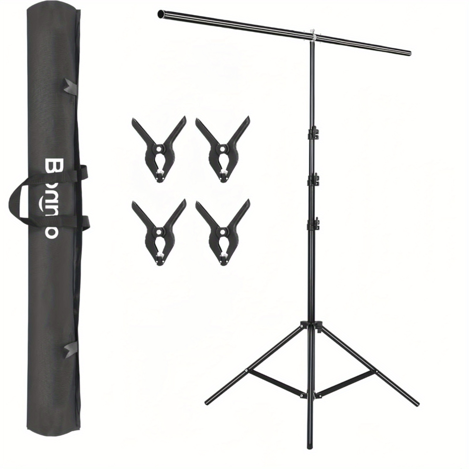 E-shop Bonlo 2,6 x 1,5 m T-förmiger Hintergrundständer, verstellbarer Stativstand mit 4 Klemmen und Tragetasche für professionelle Studiohintergründe,
