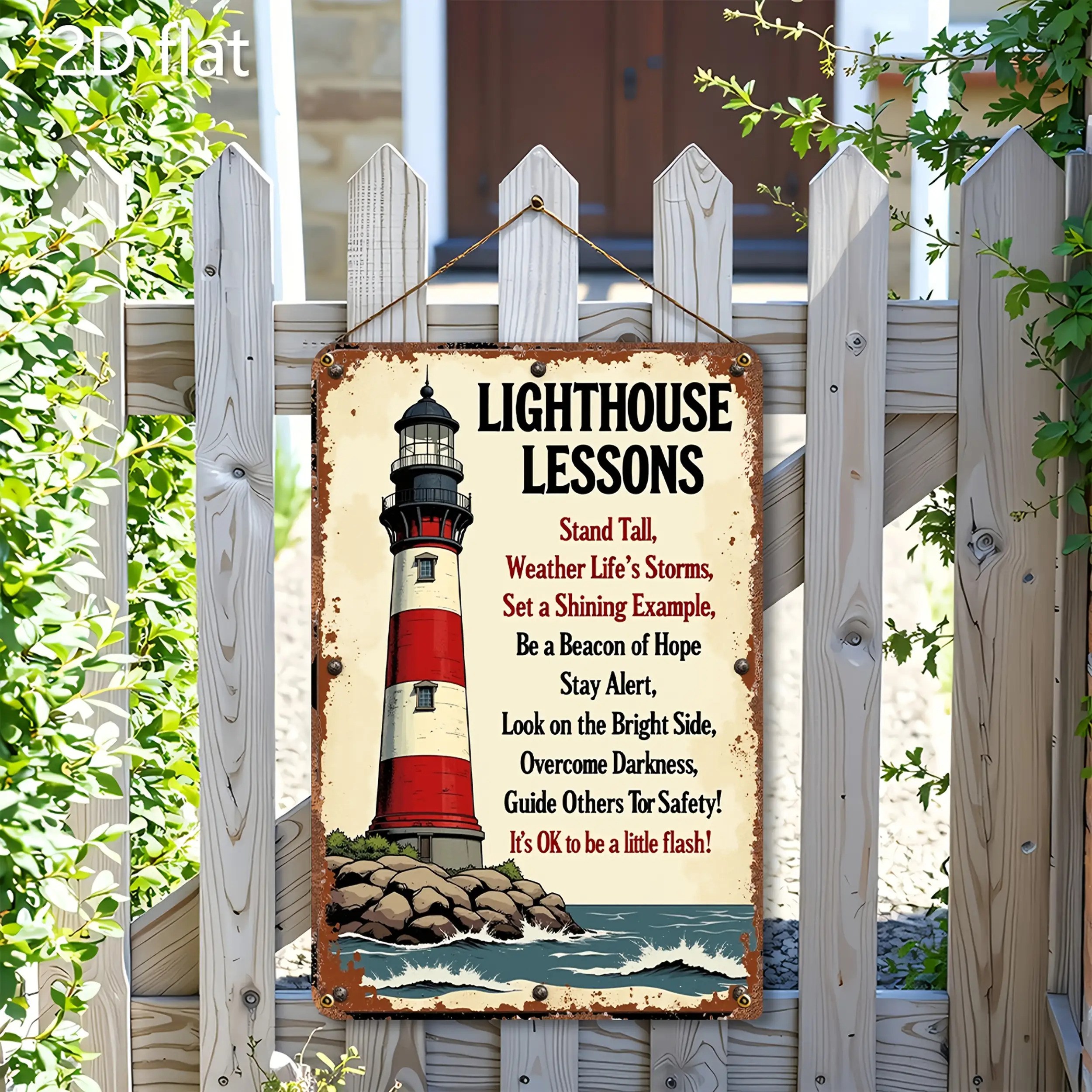 TEMU 2d Flat, 1pc Vintage Lighthouse Metal Wall Art Sign - Rustic Tinplate 20.32x30.48cm Nautical Lighthouse Lessons & Tips Plaque, Indoor/ Outdoor