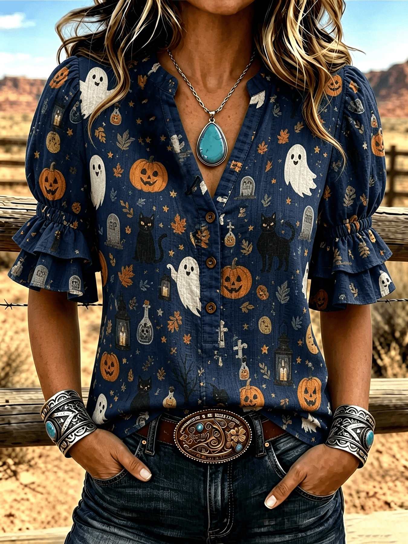 womens navy blue halloween black cat   pumpkin print stand collar v neck double layer ruffle sleeve casual top