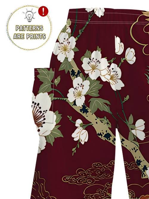 womens vintage chinese wide leg trousers elastic waist loose fit pants with dragon print wine red suitable for all wear large side pockets traditional chinese style for casual cultural outfits