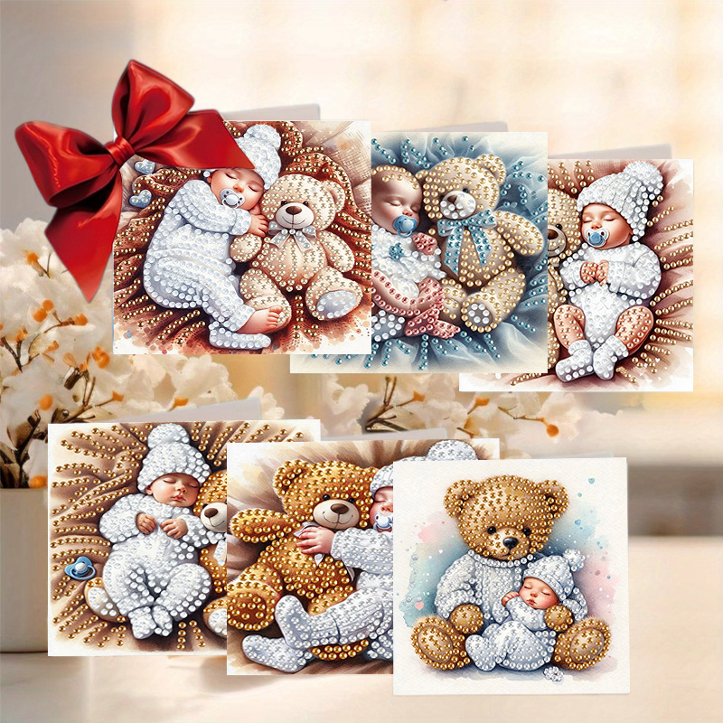 TEMU 6pcs Unique New Diamond Painting Greeting Card Set With Cute For Grandparents, , Family, Expressing Gratitude And Care, Includes 6 Envelopes,