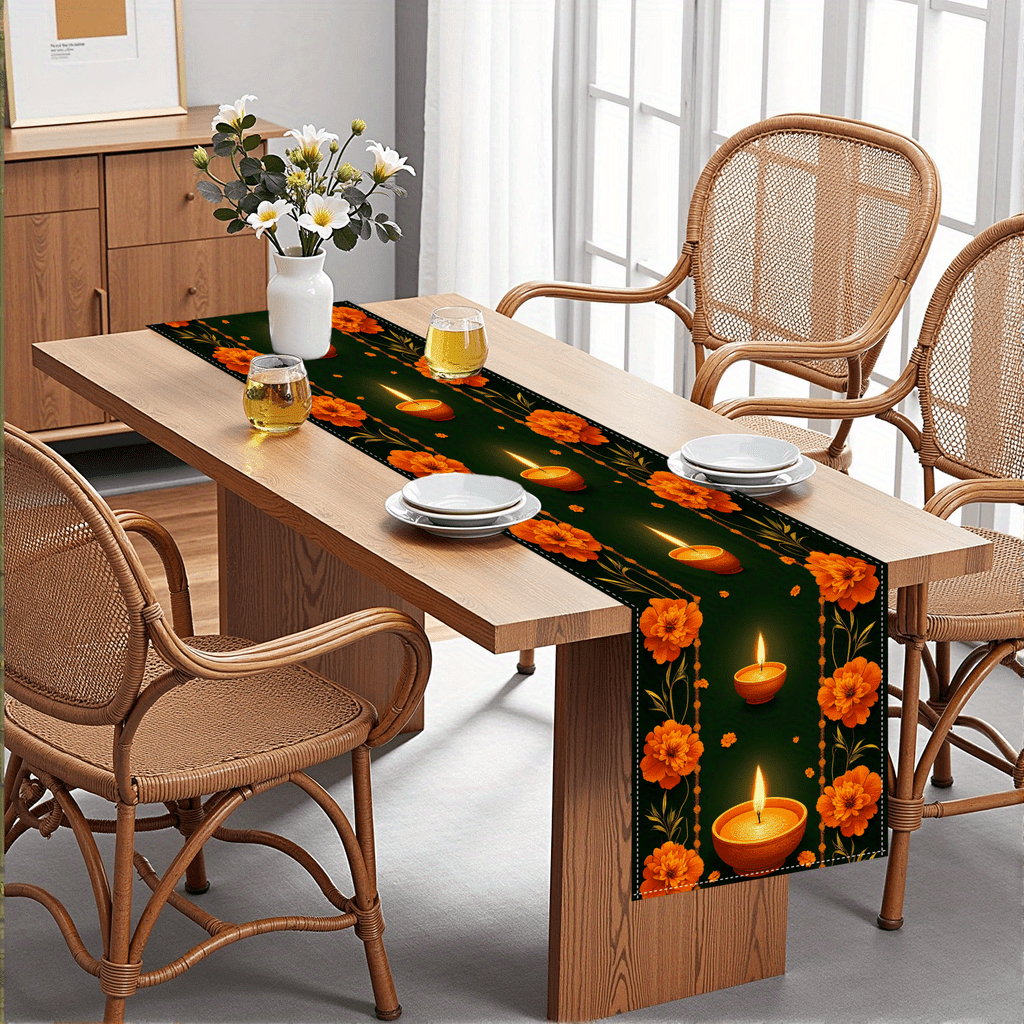 TEMU 1pc Festive Diwali Table Flag - Long Strip Candle, Flower And Traditional Pattern Decoration, Symbolizing Light And Celebration - Polyester