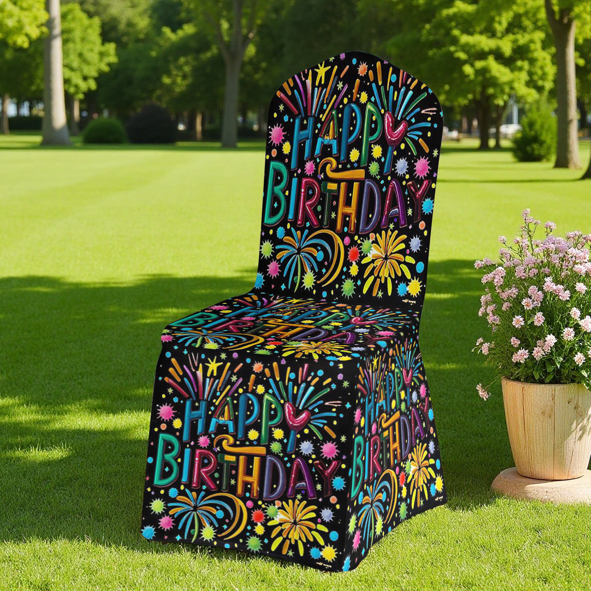 TEMU 2d 2026 New Birthday - Themed Stretch Full Coverage Chair Cover, Colorful Fireworks Letter Print, Elastic