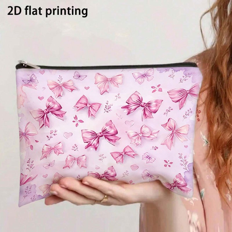 TEMU 2d Flat Lilac Background Watercolor Pink-purple Bow Floral Print Heart Zipper Pouch, Back-to- Office Organizer, Desktop Stationery Small Item