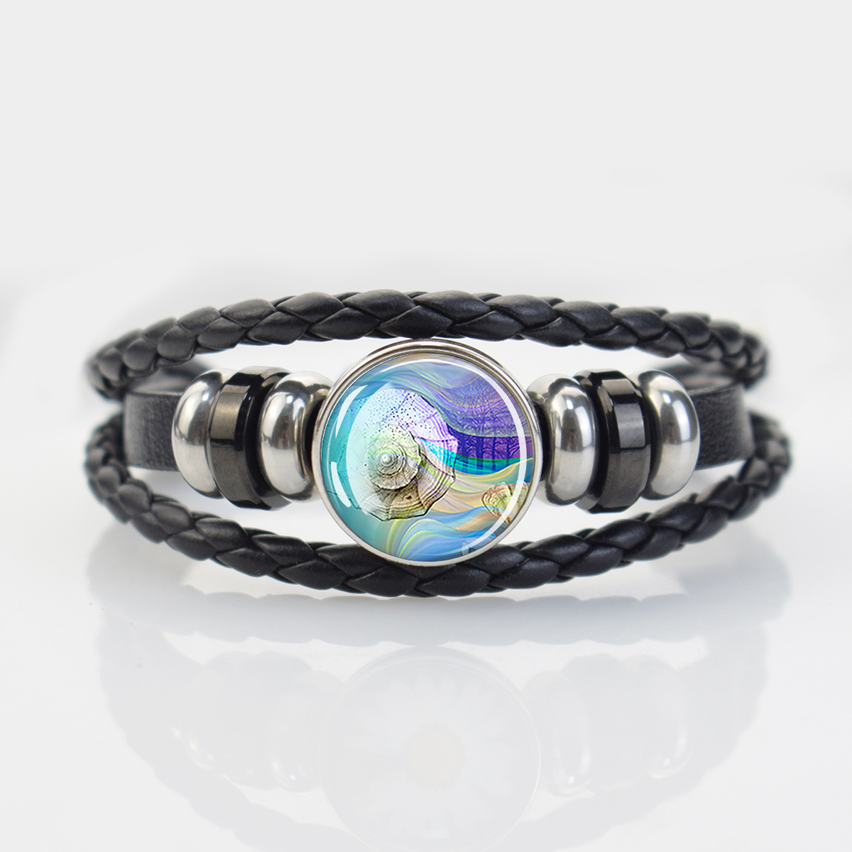 Ocean-Themed Black Braided Bracelet with Marine Animal Patterns