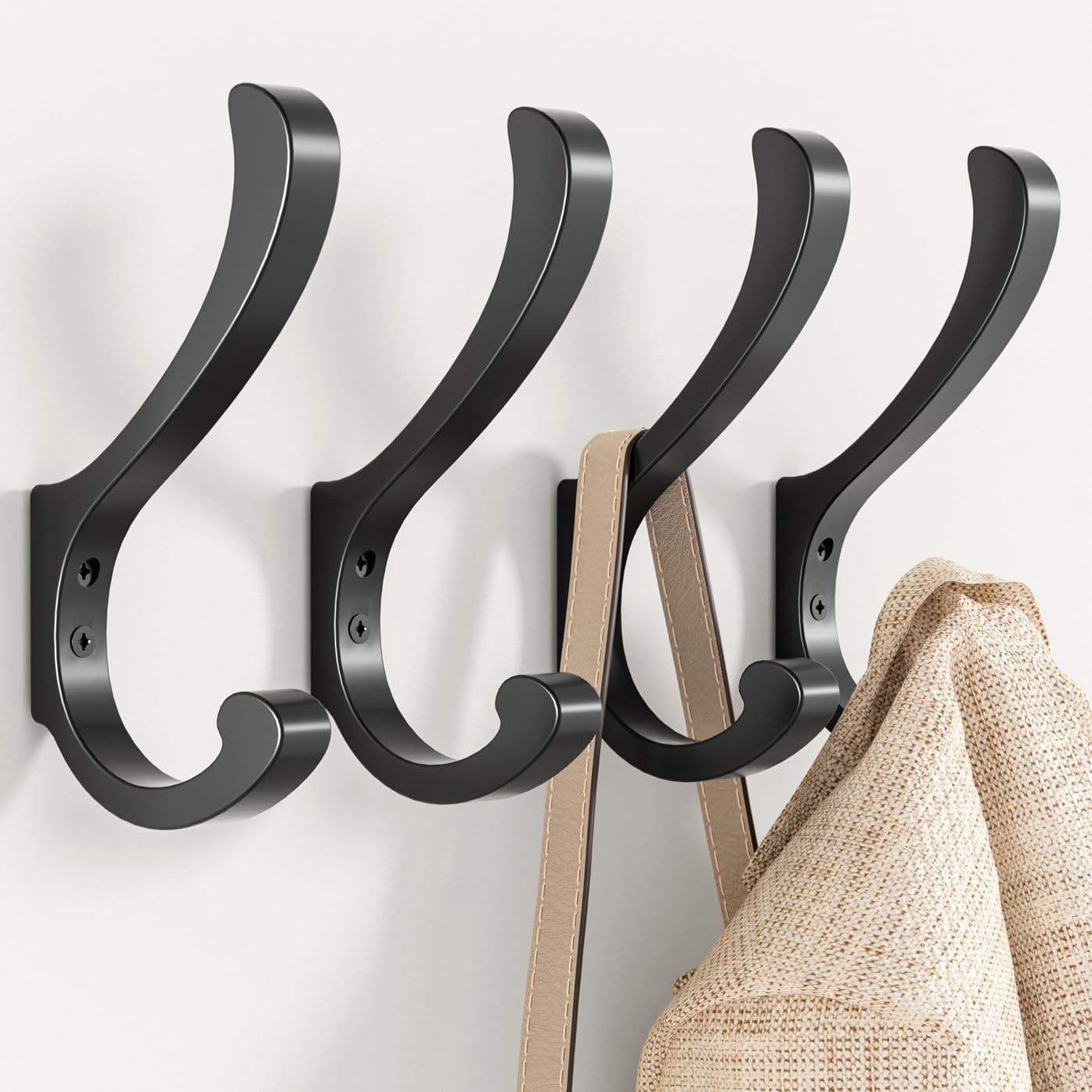 4pcs Coat Hooks For Hanging Heavy Duty - Extra Large (5.4 Inch) Wall Mount Hooks For Backpacks, Purses, Clothes, Towels, Bags - Black Metal Screw-in Hooks For Mudroom, Closet, Door, Bathroom