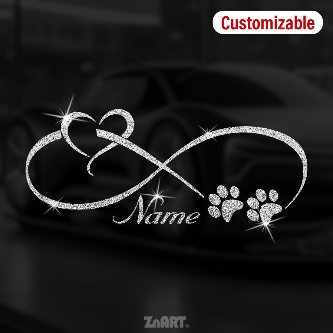 Image of 1pc Zn Art Ized Infinity Heart & Paw Name Glittering Vinyl Sticker - Name/number, Pet-themed Suitable For Cars,, Phones, Laptops - Decal With Irregular Infinity Heart Shape (no Residue)