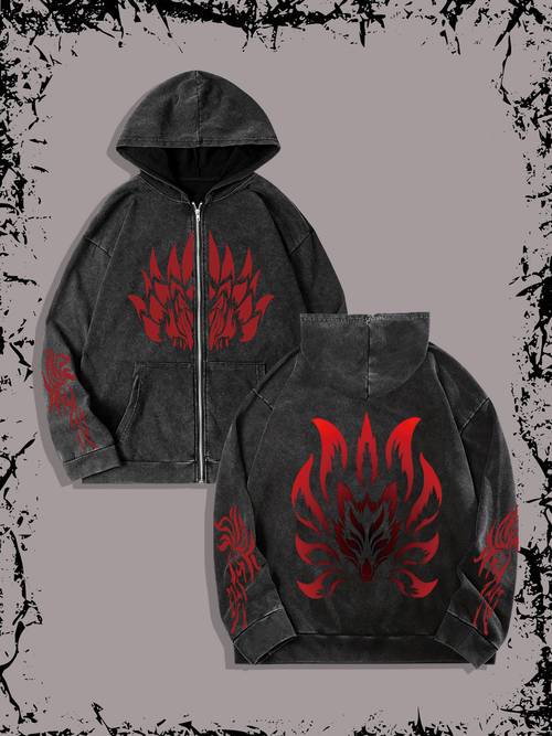 mens jacket washed distressed durable fashion retro trendy loose comfortable breathable daily dark gothic street hip hop style nine tailed fox demon flame print hooded jacket