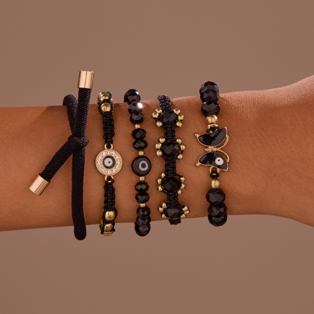 E-shop 5-teiliges böhmisches vielseitiges Armband-Set mit Böser-Augen-Schmetterling-Motiv, geflochten verstellbar, für den , Partys & Einkaufen der