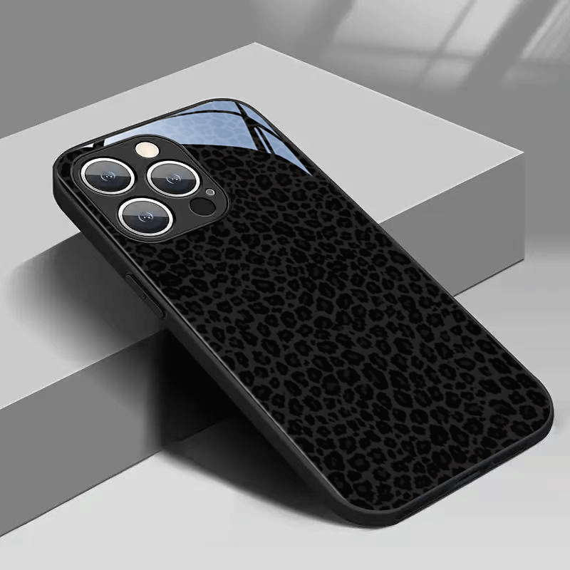 TEMU Phone Case - Cool Dark Leopard Print Decorative Pattern Tempered Glass Phone Case In Black For Iphone