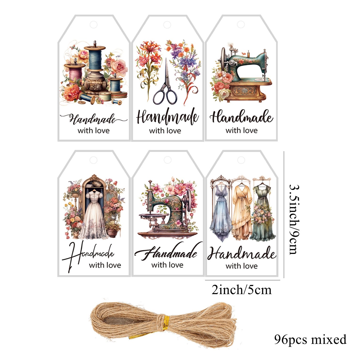 Image of 96pcs Vintage Sewing Machine Floral Gift Tags With Hemp Rope Handmade, Nostalgic Design For Crafts, Diy Gifts Wrapping Supplies Sewing Accessories