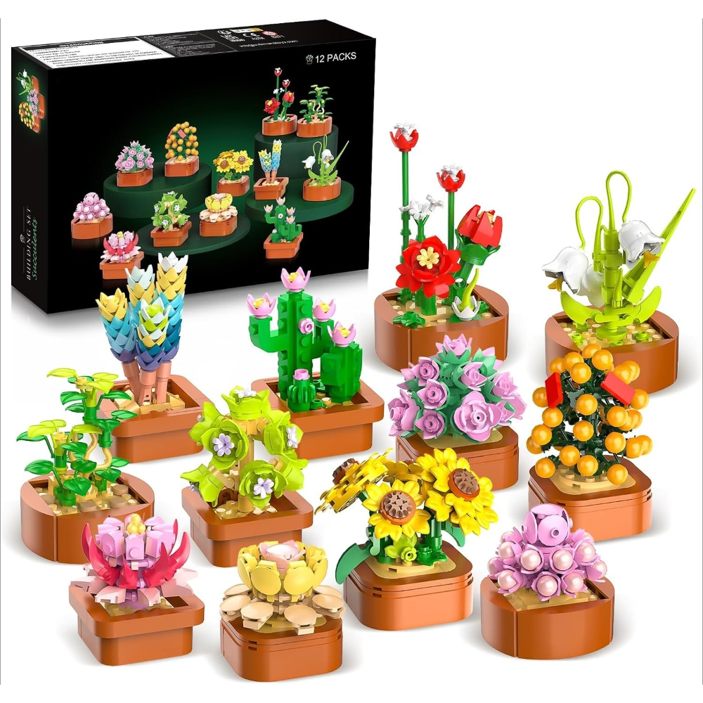 Image of 12-pack Flowers Botanical Mini Building Set For Kids | Flower Plants 3.6mm Block Toy With Pot, Home Office Decor, Craft Kit, Party Favors Birthday Gift For Women