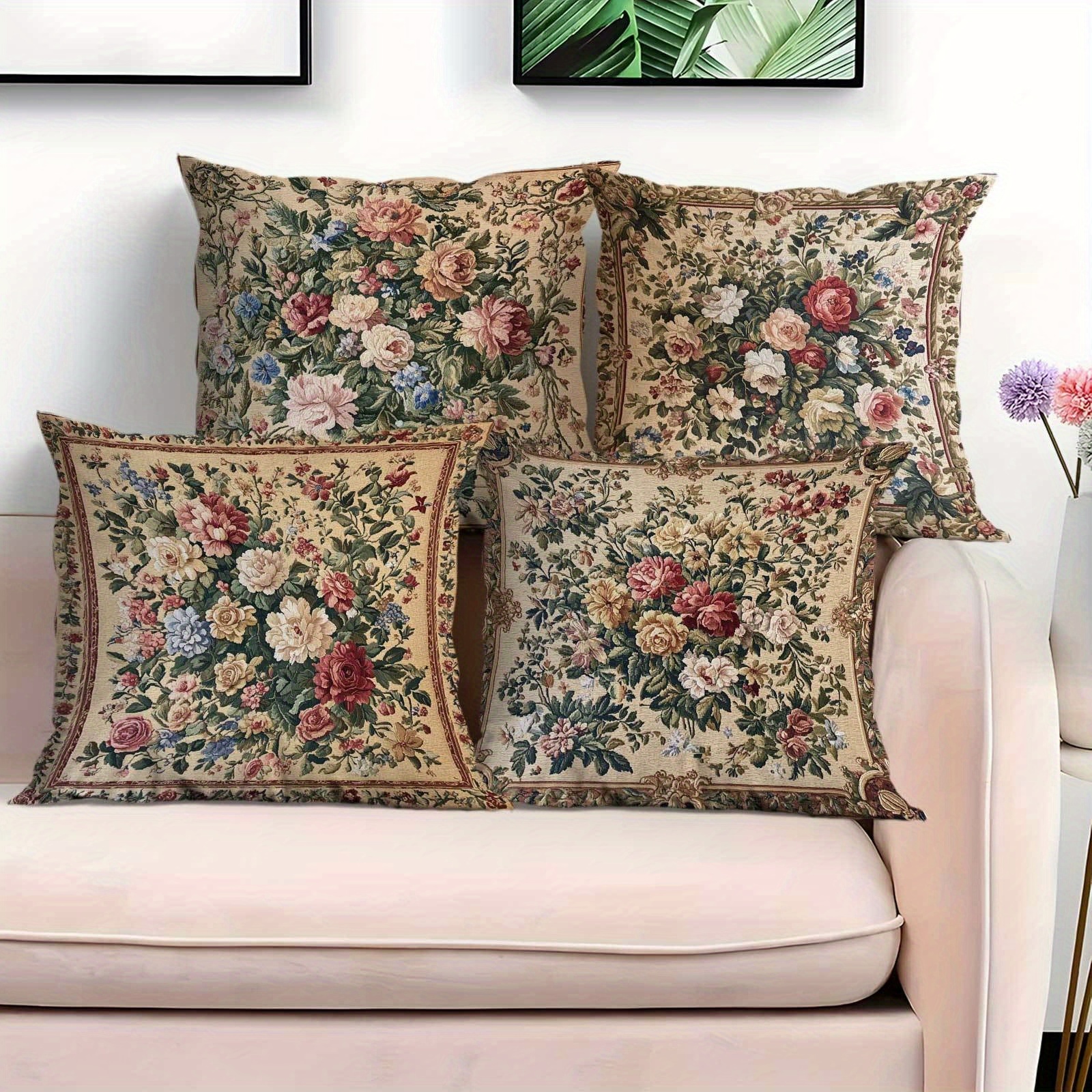 4pcs Decorative Pillow Covers Classic Floral Tapestry