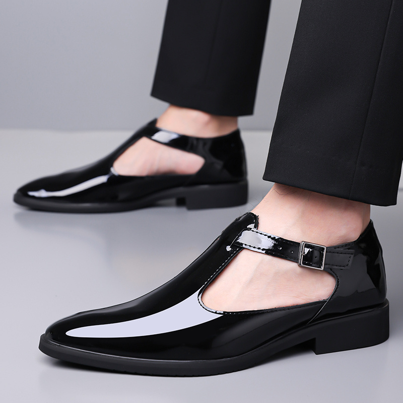 Men's Glossy Patent Dress Shoes with Breathable Cut-Out Design - Slip-On Closure, Comfortable Rubber Sole & PU Lining - Black Low-Top Formal & Casual Footwear