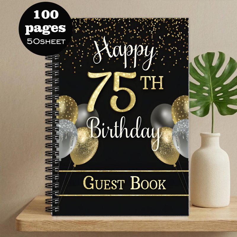 TEMU 1pc Of A Guestbook For A 75th Birthday, A For , Featuring A Signature Book With Golden And Silver Balloons For The 75th Birthday , A Keepsake