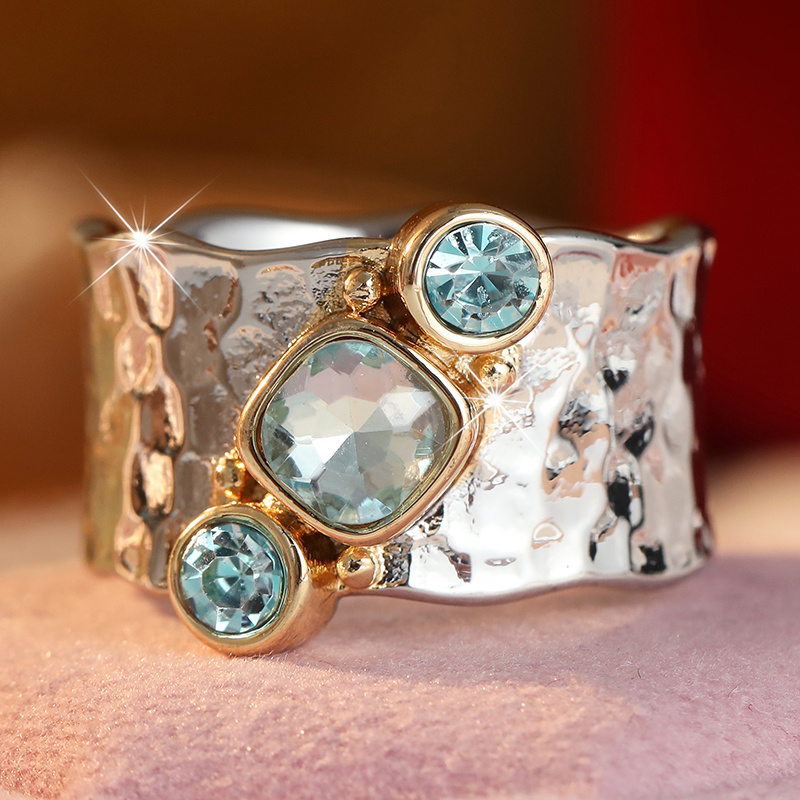 Women's Irregular Hammer Pattern Wide Face Ring with Blue Zirconia