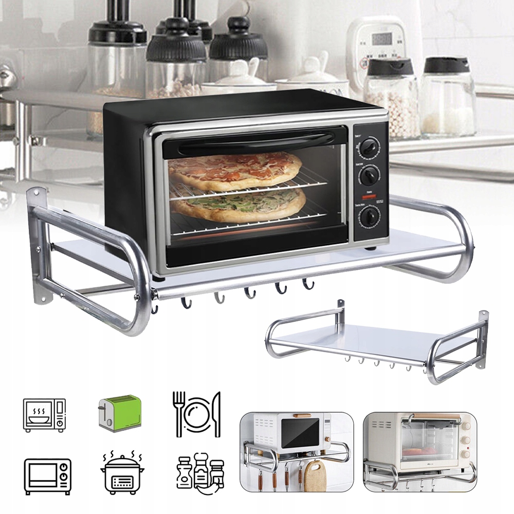 Image of Wall Mount Microwave Mount Holder, Microwave Shelf For Kitchen Home With 5 Hooks, -saving Storage Rack