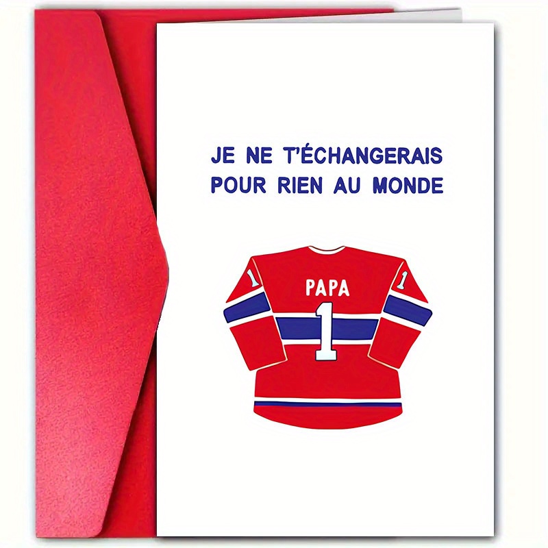 TEMU 1 carte de la Fête des Pères française pour Papa - Thème Hockey "Je Ne T'échangerais Pour " avec "Papa" & Maillot Numéro 1, Cadeau Sportif pour