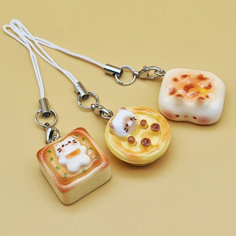 

3pcs Set Cute Cat Bread Keychains – Kawaii Charms With Cat Faces, Phone And Bag Decor, Ideal Gift, Bag Charms| Accessory|decorative Keychains