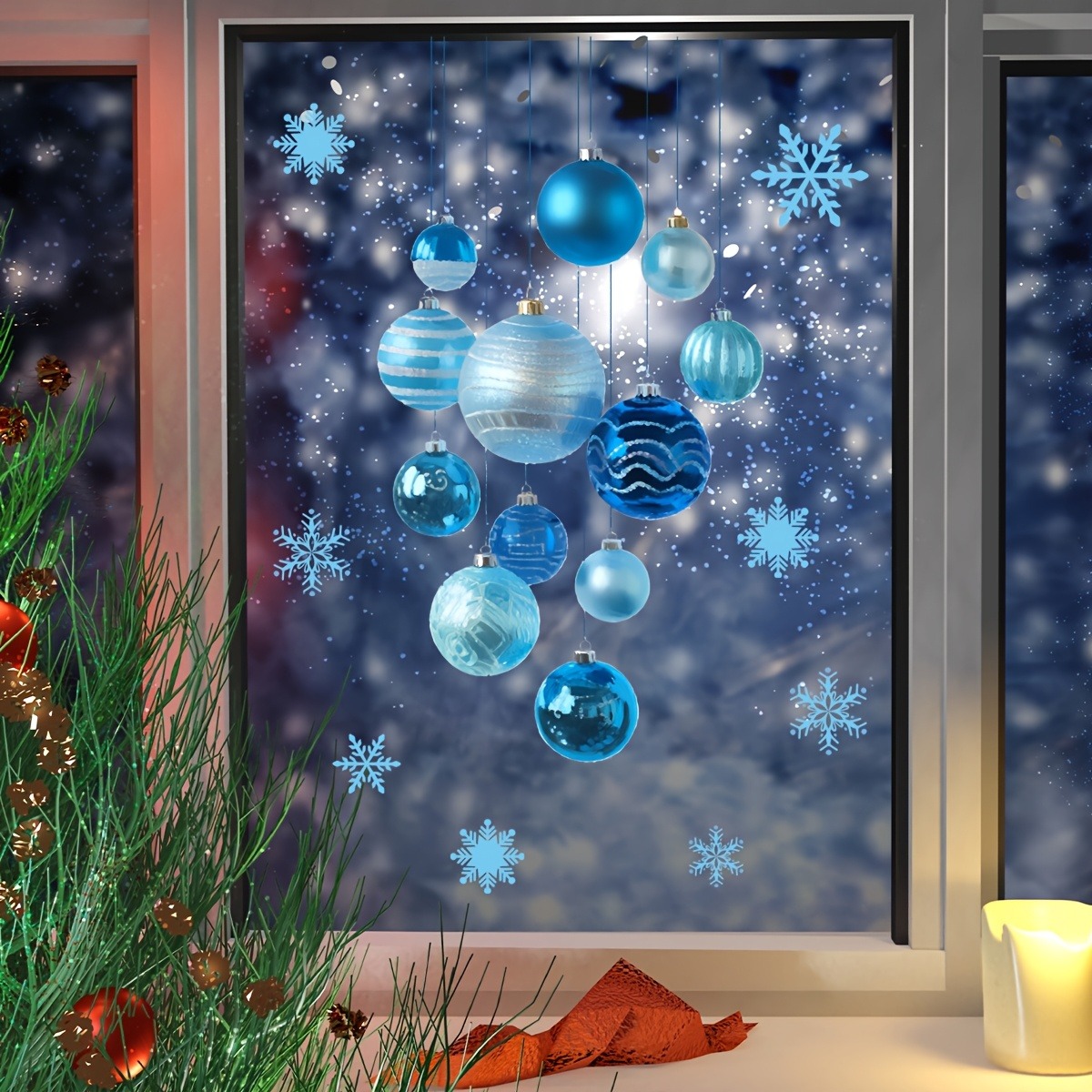 TEMU 2d Flat - 1pc 2d Flat Static Blue Gradient Christmas Bauble Snowflake Dot Window Sticker, Reusable No Residue Double-sided Xmas Decor, Holiday
