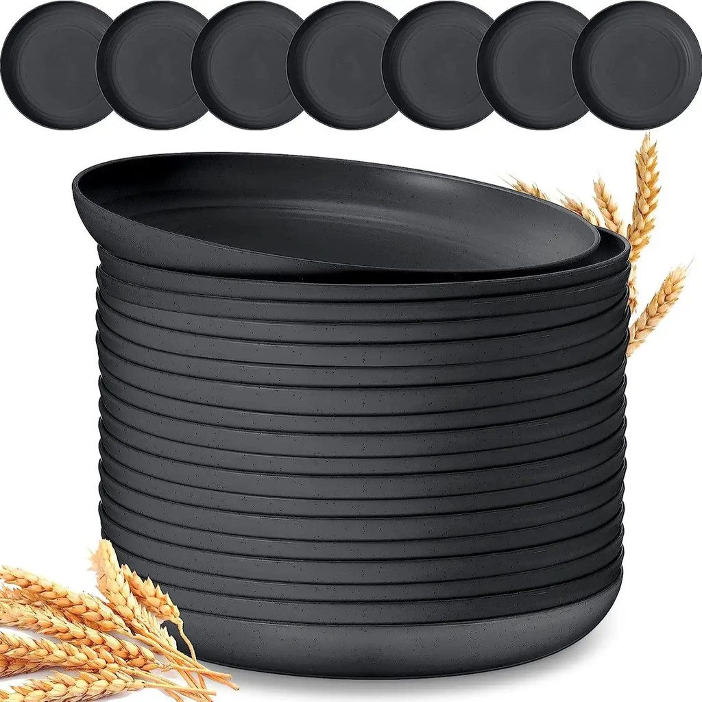 TEMU 6pcs/set Black Wheat Straw Plates Plastic Durable Plates Set Dinner Plates Lightweight Round Plates