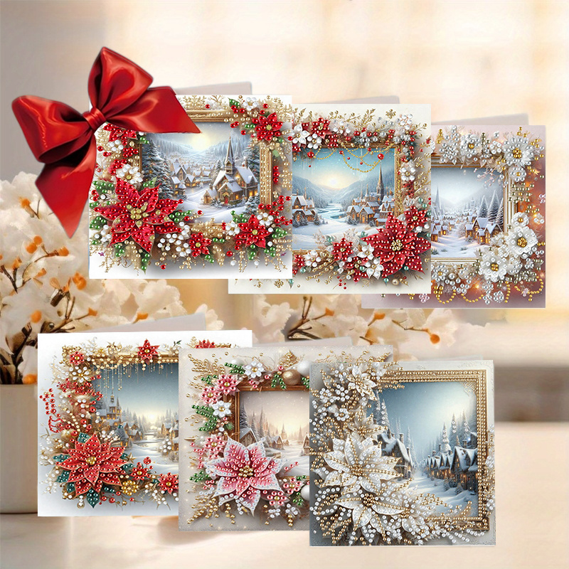 TEMU 6pcs Unique New Diamond Painting Greeting Card Set | Christmas Floral , Ideal For Elders, , , Includes Envelopes And Tools