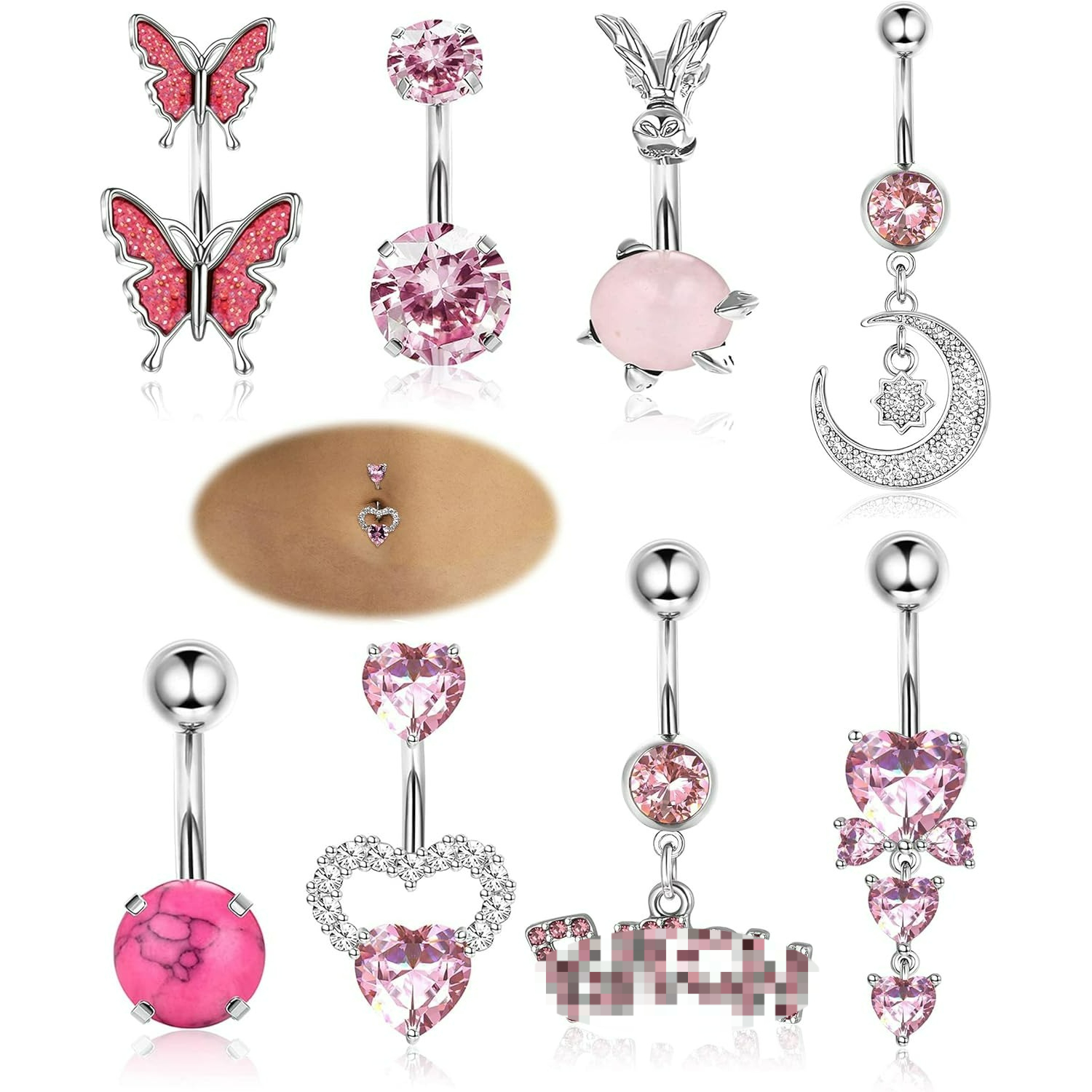 Image of Set Of 8 Dangle Belly Button Rings Made From Surgical Stainless Steel, Designed For Women. Hypoallergenic Jewelry Featuring Pink Heart And Designs For Navel Piercings