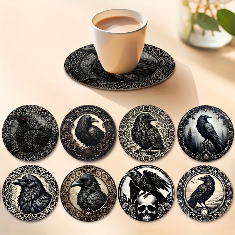 TEMU 8pcs Divine Bird Art Coasters, Round Wooden Coasters, Multi-functional Heat Insulation Non-slip Table Decorations, Gifts For Family , Holiday Table Decorations Gorgeous Durable Wooden Coaster