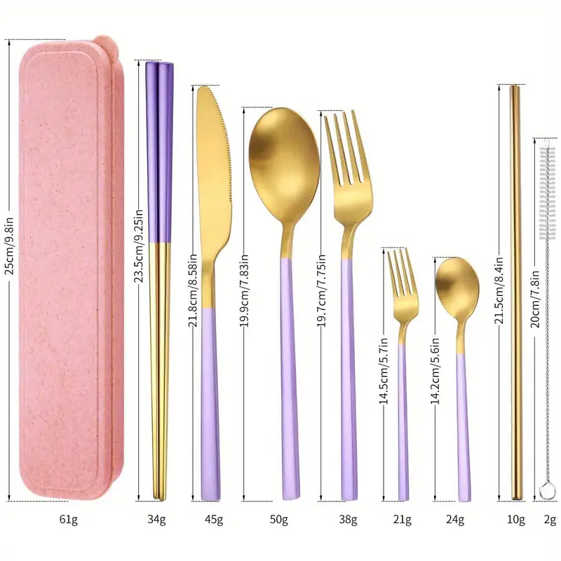 8pcs stainless steel flatware set portable reusable cutlery set travel utensils set including chopsticks knife straws cleaning brush dishwasher safe b purple golden Product details 1