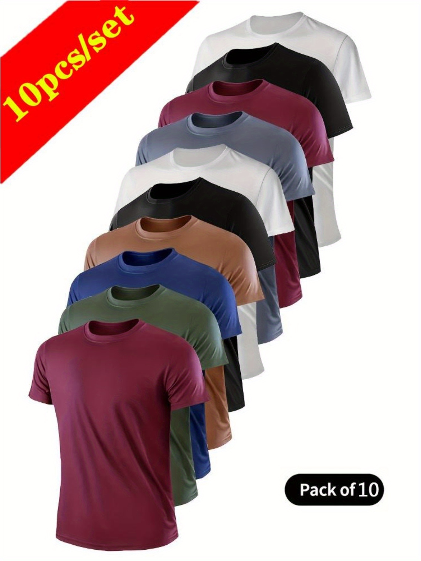 10pcs set of mens quick drying sports t shirt breathable moisture wicking short sleeved shirt suitable for gym running and training lightweight and comfortable multiple colors wine red military   blue khaki black white gray