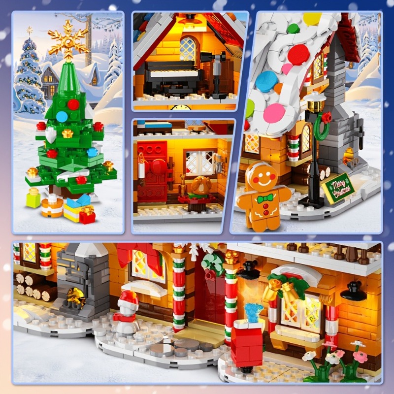 TEMU Ensemble de de construction de village de Noël de 1477 pièces, kit de construction 3-en-1 avec Père Noël, sapin de Noël, train de Noël et maison