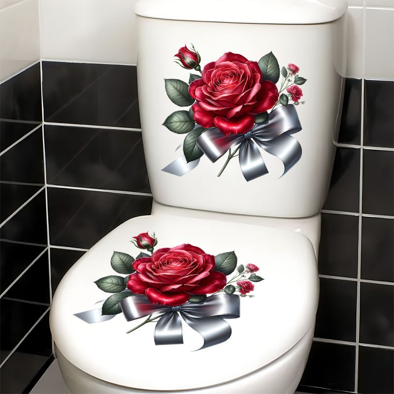 TEMU 2 Pack Elegant Red Roses With Silvery Ribbon And Green Leaves| Valentine's Day Toilet Seat And Tank Stickers, Semi-glossy Pvc Material,