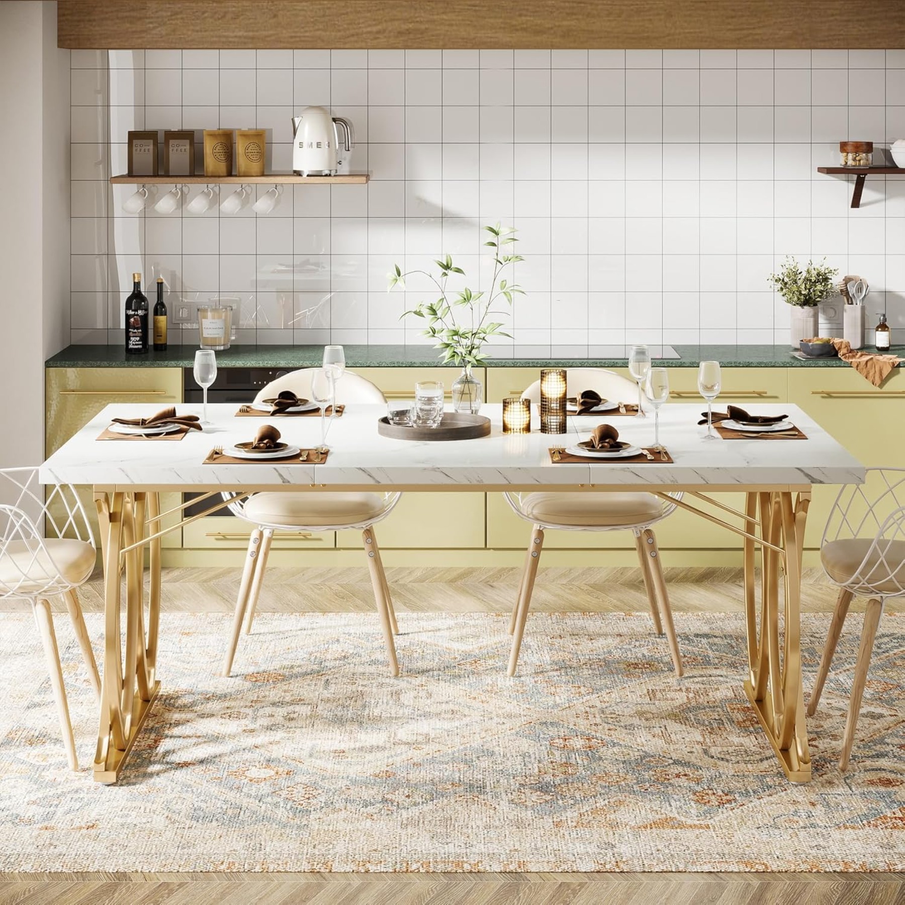 E-shop 6-Köpfiger Esstisch, 160 cm (63 Zoll) Holztisch für die Küche mit geometrischen Metallbeinen, moderner, großer, rechteckiger Esstisch für