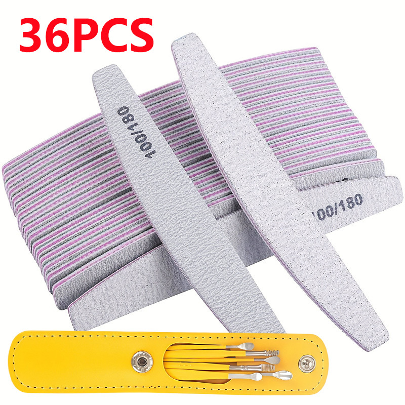 Image of 36pcs Set, 29pcs Professional Nail Care Kit: 100/180 Grit Files And Buffers, Dual-sided Emery Boards For Acrylic Nails, 7pcs Ear Pick Set