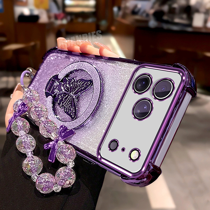 TEMU Phone Case: For Iphone17promax Luxury Bead Lanyard Chain Bracelet Glitter Bracket Folding Holder Gradient Plating Shockproof Phone Case For