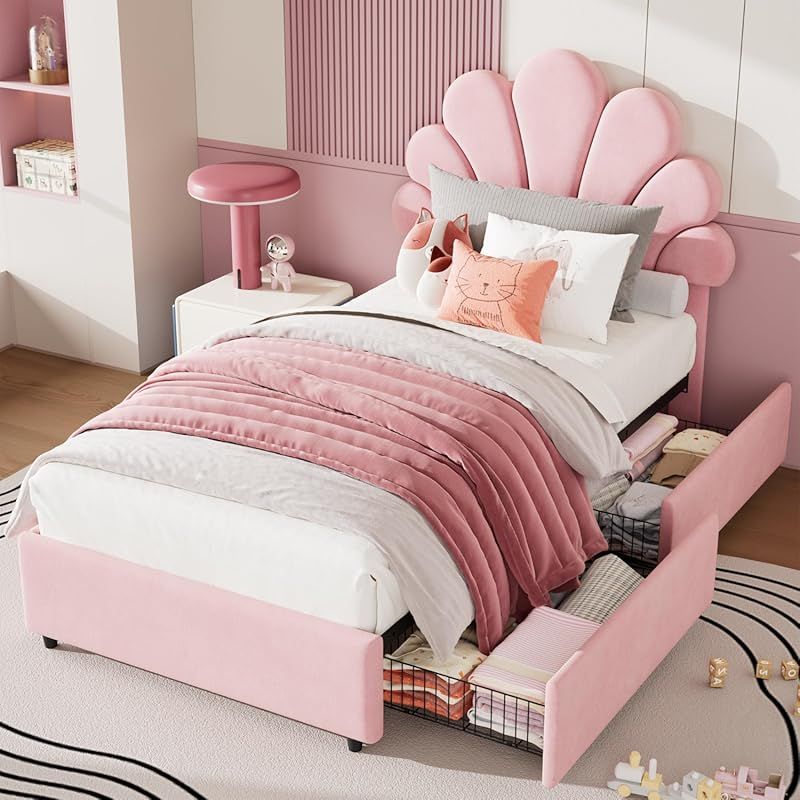 Twin Size Bed Frame for Bedroom - Platform Bed with Headboard, 2 Storage Drawers, Slat Support, No Box Spring Needed, Easy Assembly(Bed Frame Only)