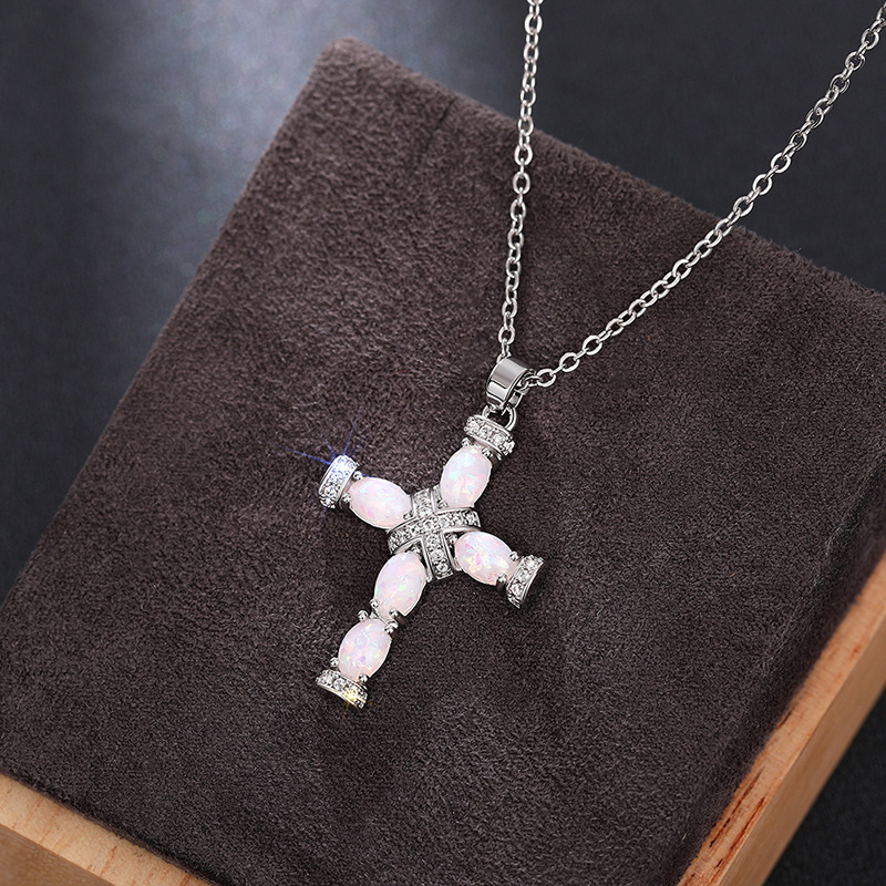 Women's S925 Silver Classic Cross Pendant Necklace with Synthetic Opal
