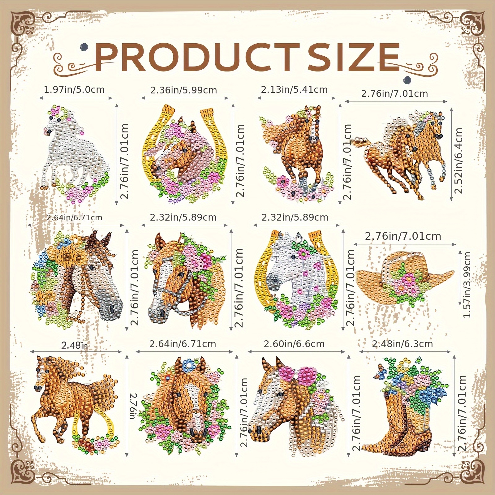Image of 12pcs Horse Keychain- Diamond Painting Keychain Watercolor Horse Flower Gemstone Art, Diy Keychain Supplies Horse Crafts Adult Kit