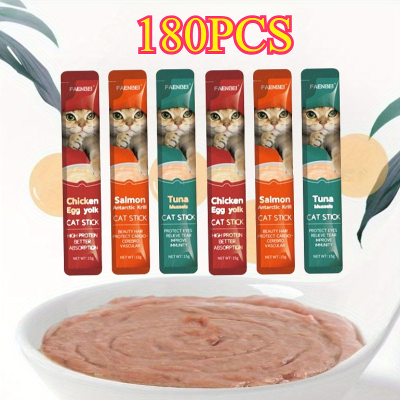 TEMU 180pcs Cat Strips Nutrition Strips Pet Food Wet Food Package Chicken Egg Yolk Salmon Tuna Mussels