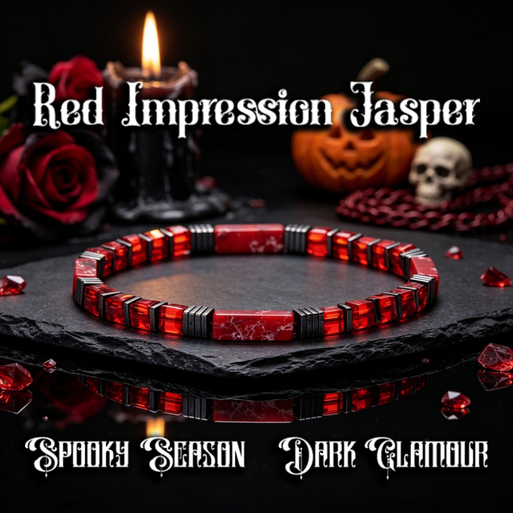 TEMU Impression Jasper Rectangular Tube Stretch Bracelet With Red Glass Beads And Hematite Spacers, Dark Glam Beaded Bangle For Spooky Season, Gothic