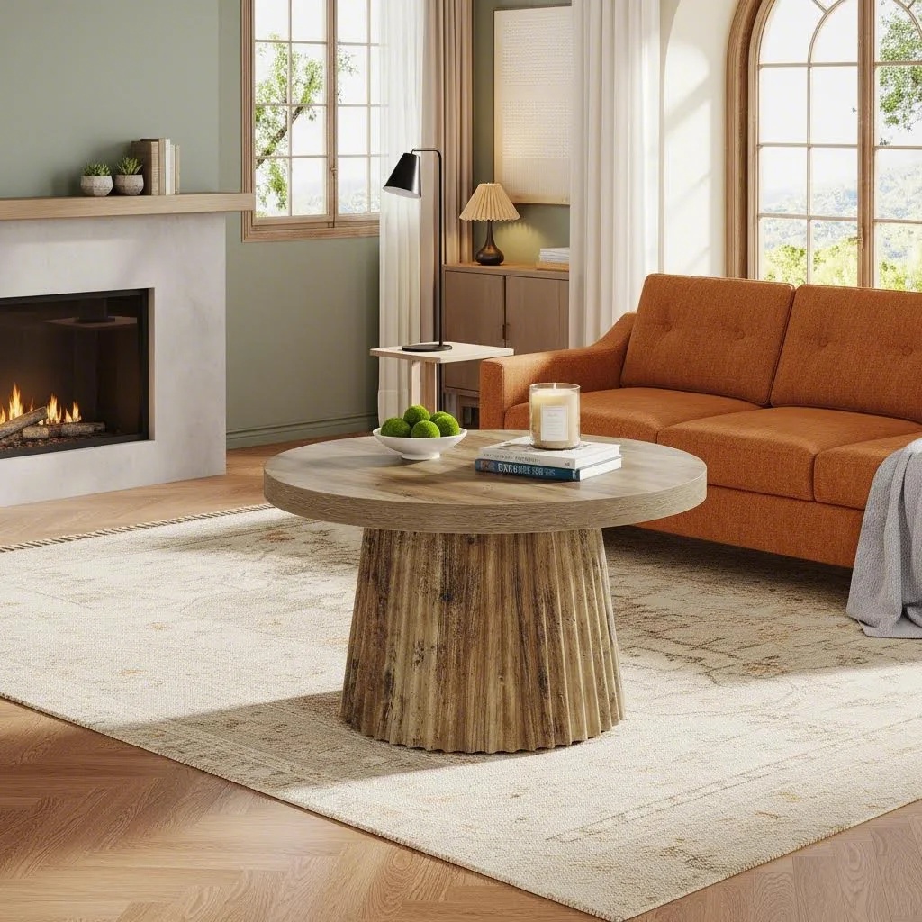 Round Coffee Tables Measuring 80.01 cm, Featuring a Fluted Drum Base, Designed in a Small Farmhouse Style, Perfect As a Mid-Century Modern Boho Accent Table for Living Rooms, Apartments, Or Compact Spaces, in a Brown End