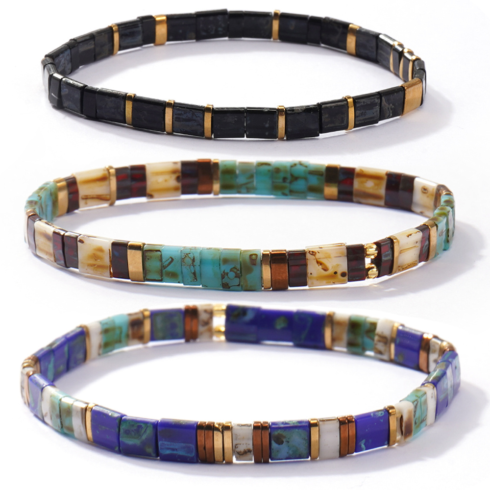 TEMU Conjunto de 3 collares de para mujer, coloridos, con cuentas geométricas de azulejos, elásticos, apilables, estilo bohemio, ropa diaria de