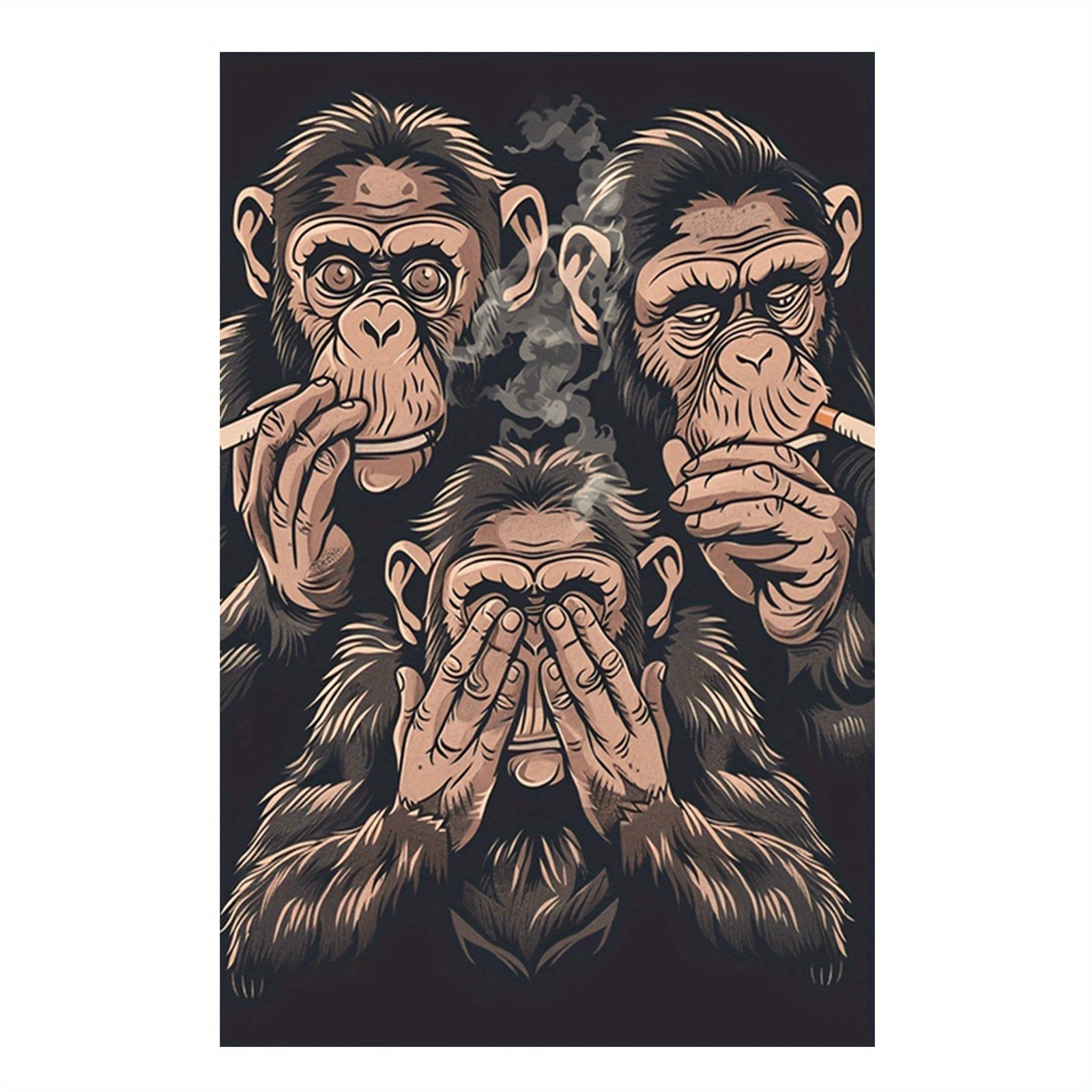 E-shop 12X18 Zoll zeitgenössisches Gemälde auf Leinwand mit drei Affen - beeindruckende schwarze und weiße Design, ideal für Zuhause, Büro, Bar, Café