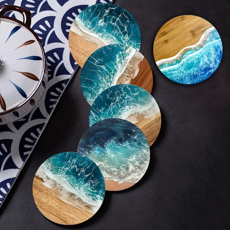 TEMU Lot de 6 sous-verres en bois pour thé, tasses - Protège-tables isolants résistants à la chaleur avec motif plage océanique, vaisselle , bureau,
