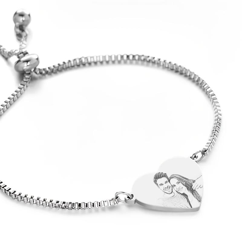 TEMU 1pc Personalized Engraved Couple Photo Women's Fashion Heart Bracelet, Custom Couple Photo Exquisite Bracelet, Bohemian Style, An Excellent Gift