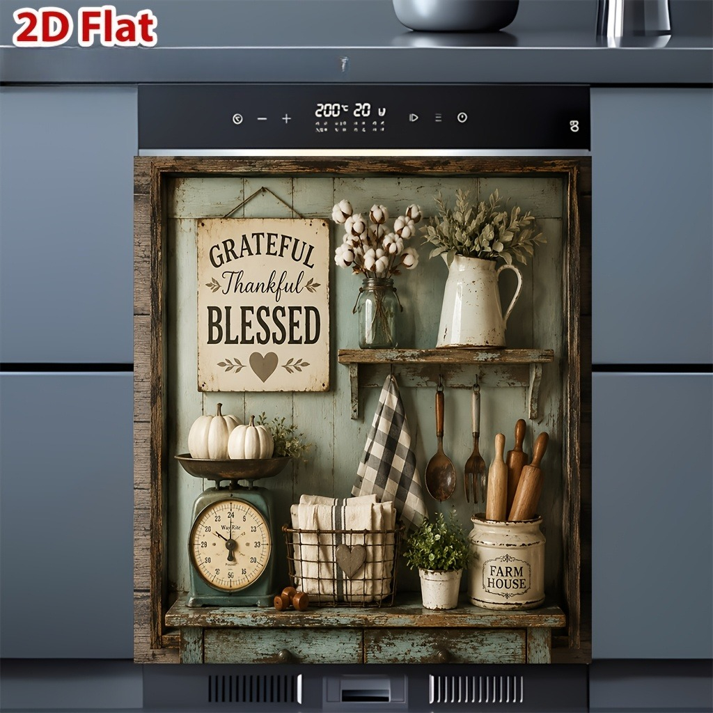 TEMU 2d Flat, 1pc Dishwasher Door Cover Sticker, Thanksgiving Kitchen Pattern, Reusable, Scratch-resistant And Easy To Clean, 23 X 25., Suitable For