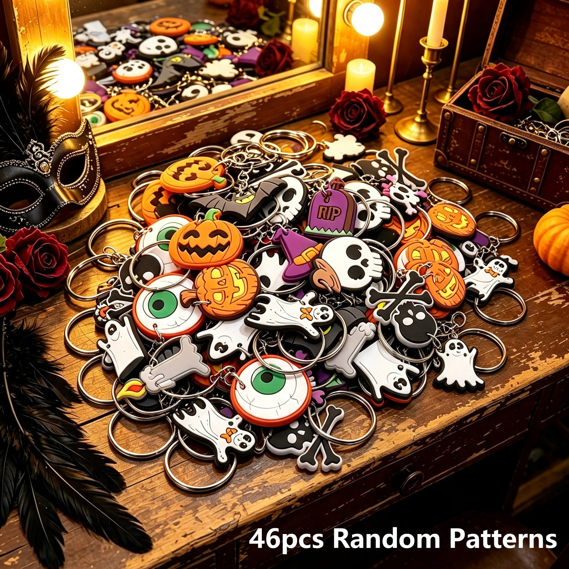TEMU 46pcs Halloween Random Pattern Keychain Set | Featuring Like Skulls, Pumpkins, Candles, And Eyes | Suitable For Bag Charms, Keychains, Diy