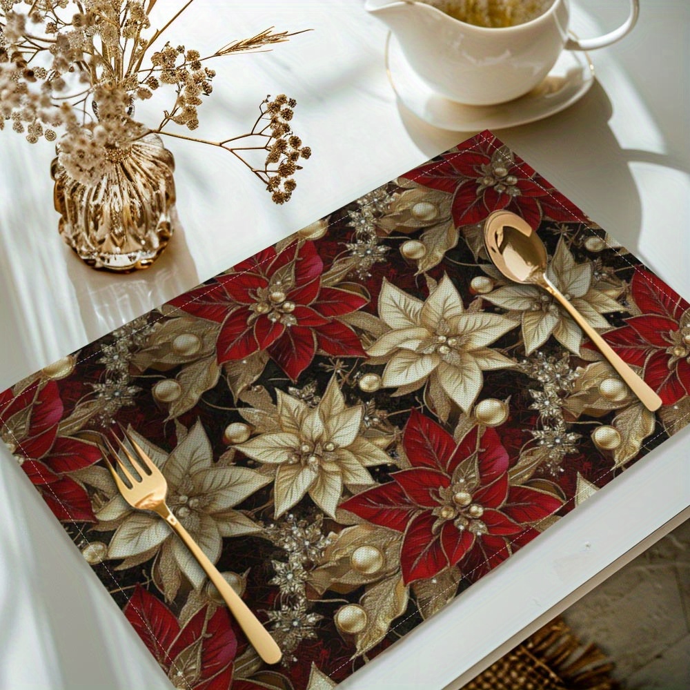 

Elegant 4pcs White & Golden Floral Placemat Set - Washable Polyester Table Mats For Dining Decor